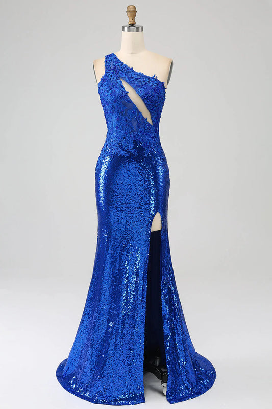 omberprom Royal Blue Mermaid Evening Dress One Shoulder Long Hollow-out Prom Dress with Slit