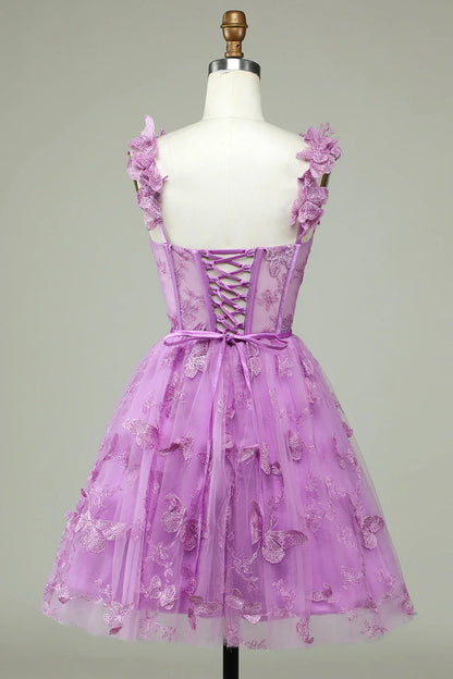 omberprom Short Homecoming Dress Cute Purple A Line Corset Graduation Dresses with Appliques