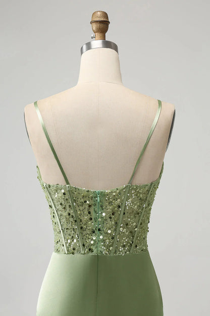 omberprom Homecoming Dress Sparkly Sage Bodycon Sequin Corset with Slit Short