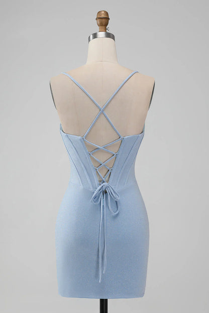 omberprom Bodycon Light Blue Homecoming Dress Spaghetti Straps Corset Short Graduation Dresses