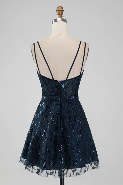 omberprom Short Homecoming Dress Sparkly Navy A Line Spaghetti Straps Sequins Graduation Dresses