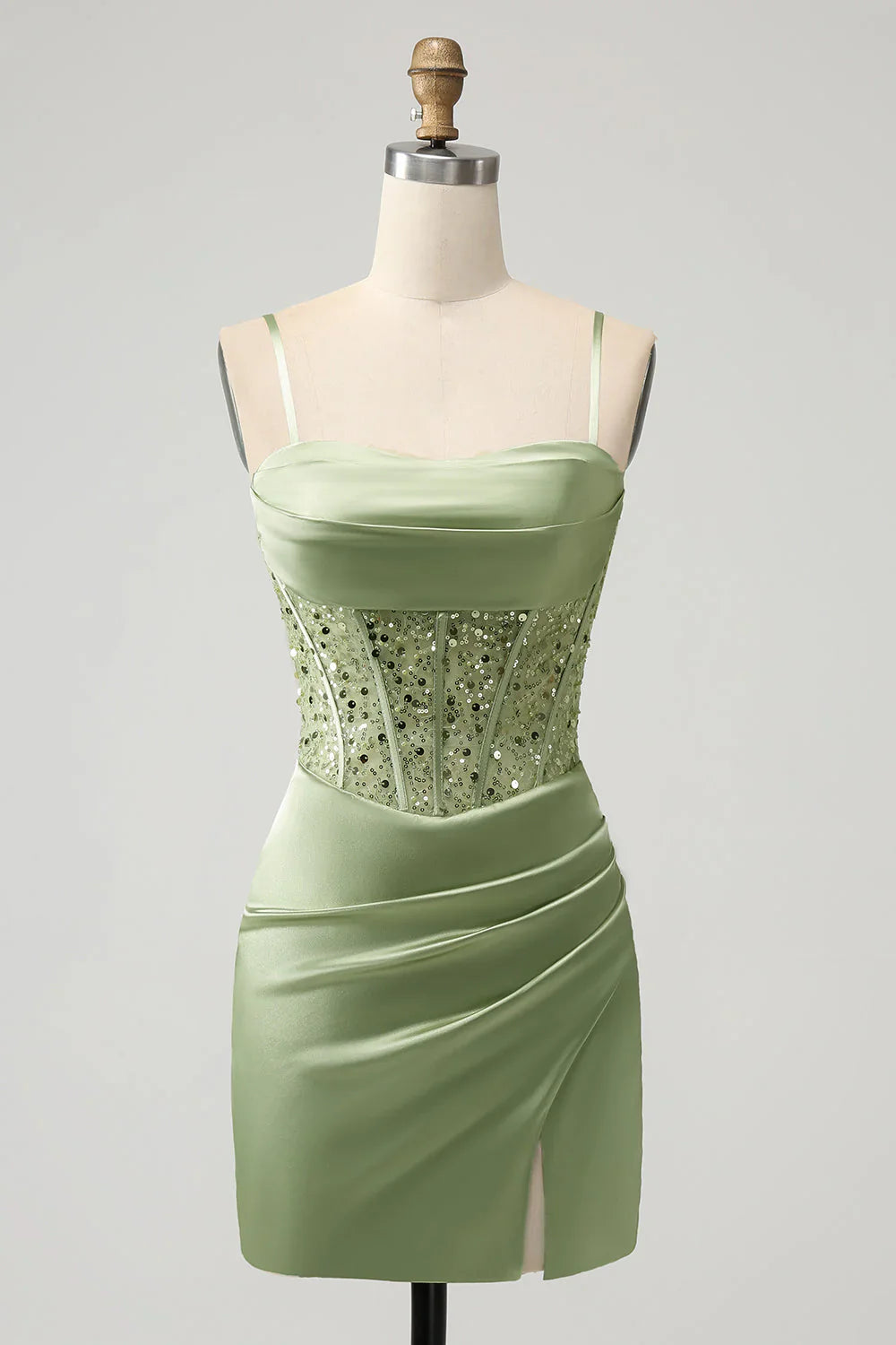 omberprom Homecoming Dress Sparkly Sage Bodycon Sequin Corset with Slit Short