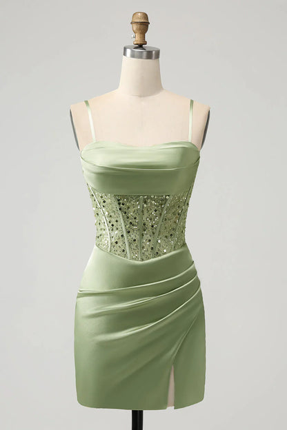 omberprom Homecoming Dress Sparkly Sage Bodycon Sequin Corset with Slit Short