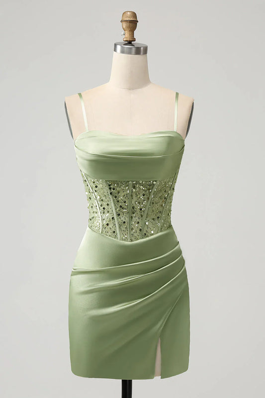 omberprom Homecoming Dress Sparkly Sage Bodycon Sequin Corset with Slit Short