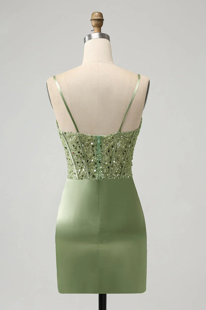 omberprom Homecoming Dress Sparkly Sage Bodycon Sequin Corset with Slit Short