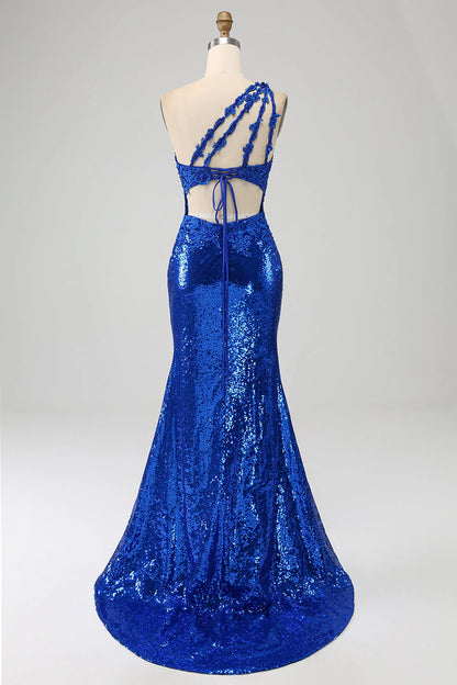 omberprom Royal Blue Mermaid Evening Dress One Shoulder Long Hollow-out Prom Dress with Slit