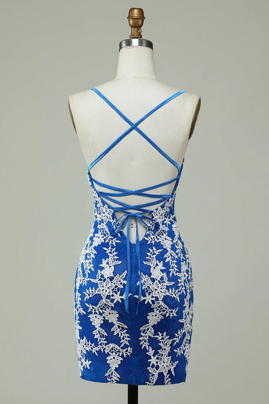 omberprom Homecoming Dress Spaghetti Straps Blue Sheath With Appliques