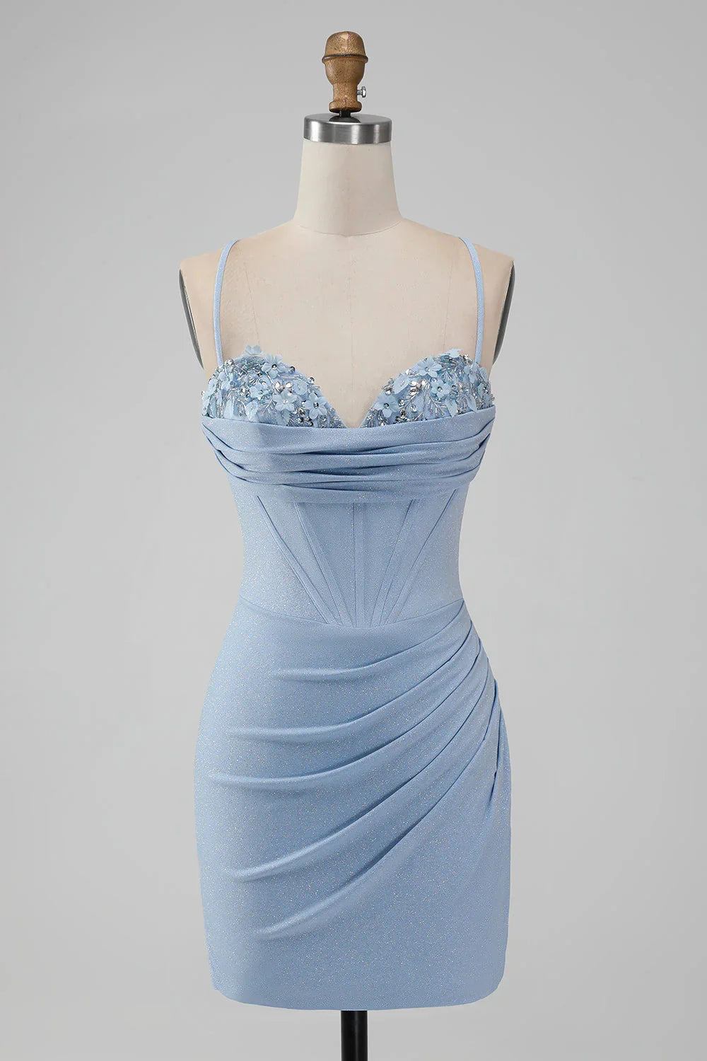 omberprom Bodycon Light Blue Homecoming Dress Spaghetti Straps Corset Short Graduation Dresses