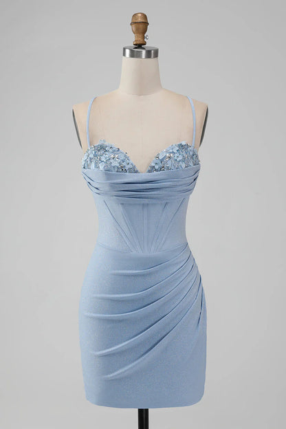 omberprom Bodycon Light Blue Homecoming Dress Spaghetti Straps Corset Short Graduation Dresses