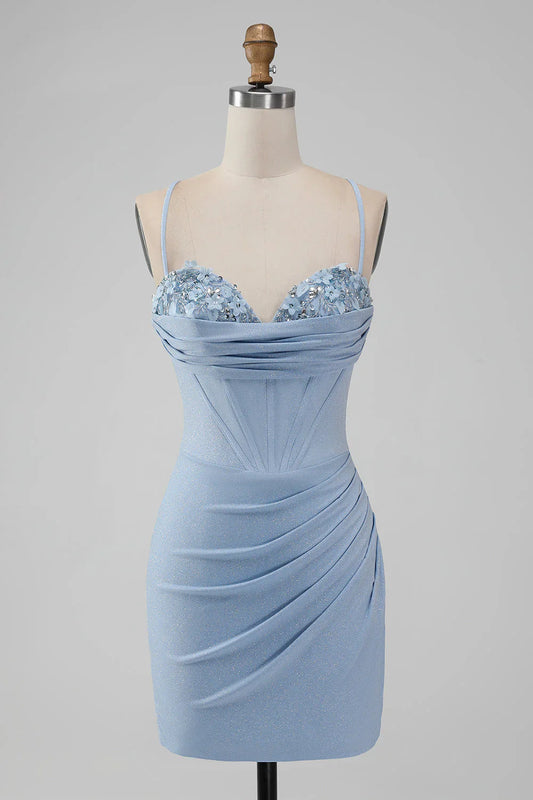 omberprom Bodycon Light Blue Homecoming Dress Spaghetti Straps Corset Short Graduation Dresses