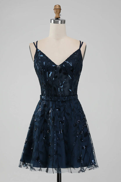 omberprom Short Homecoming Dress Sparkly Navy A Line Spaghetti Straps Sequins Graduation Dresses