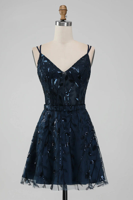 omberprom Short Homecoming Dress Sparkly Navy A Line Spaghetti Straps Sequins Graduation Dresses