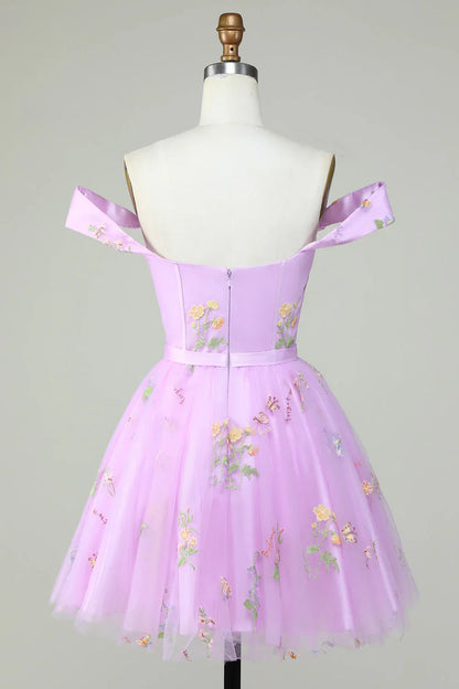 omberprom A Line Short Homecoming Dress Cute Sweetheart Purple with Embroidery