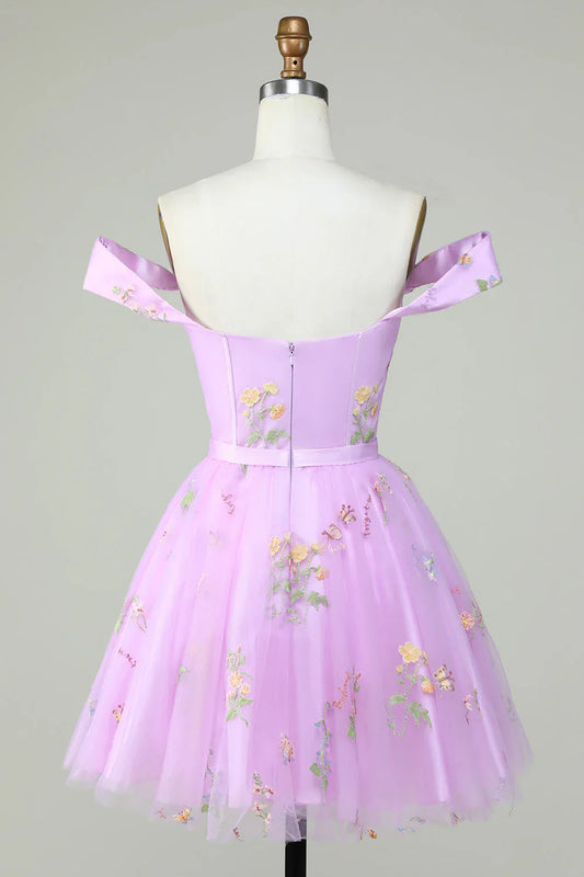 omberprom A Line Short Homecoming Dress Cute Sweetheart Purple with Embroidery