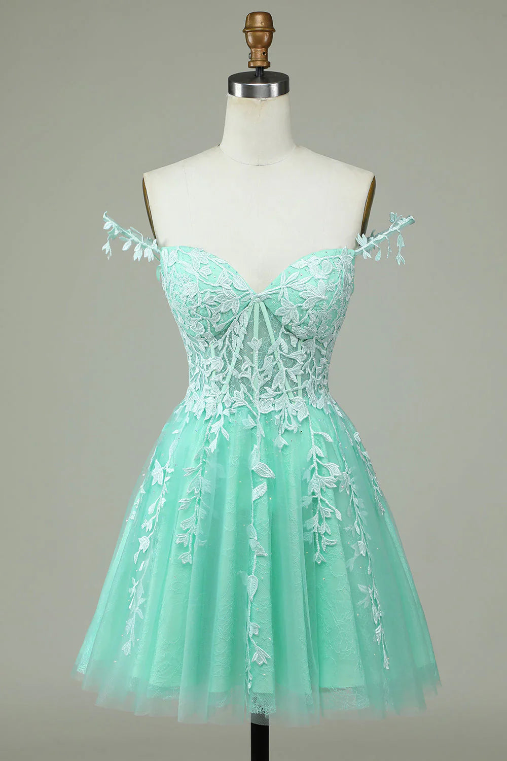 omberprom A Line Short Homecoming Dress Spaghetti Straps Mint Evening Dress with Appliques