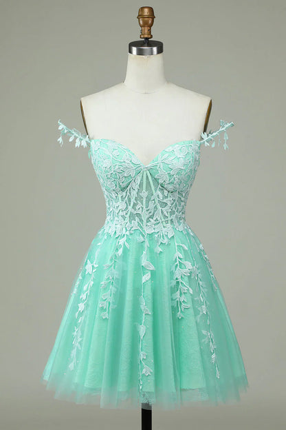 omberprom A Line Short Homecoming Dress Spaghetti Straps Mint Evening Dress with Appliques
