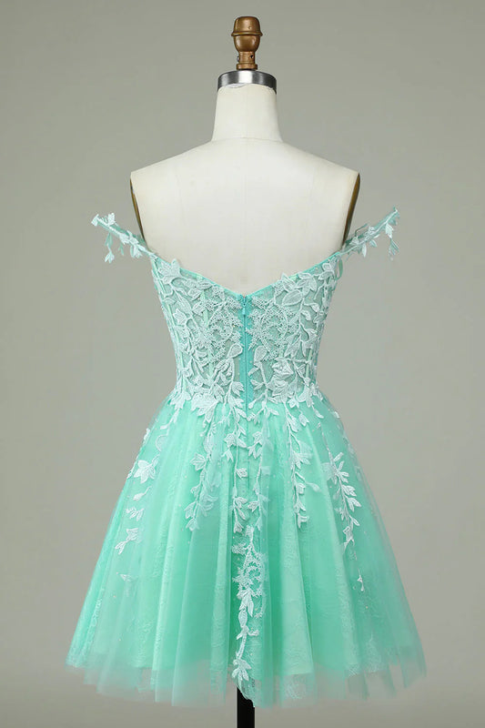 omberprom A Line Short Homecoming Dress Spaghetti Straps Mint Evening Dress with Appliques