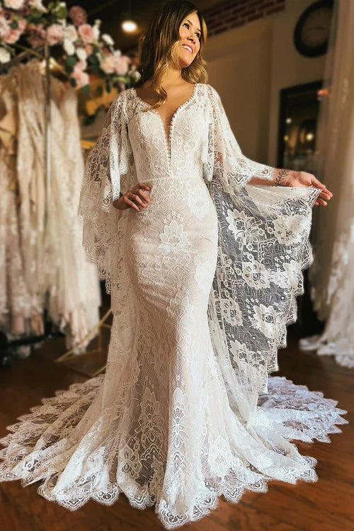 omberprom Elegant Long Sleeve Cape Lace Mermaid Wedding Dress with Appliques Romantic Bridal Gown