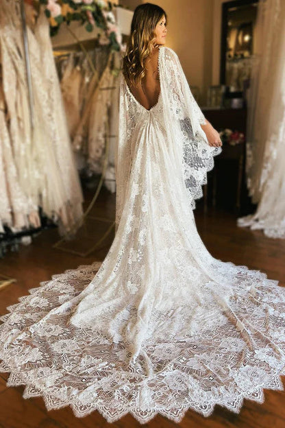 omberprom Elegant Long Sleeve Cape Lace Mermaid Wedding Dress with Appliques Romantic Bridal Gown