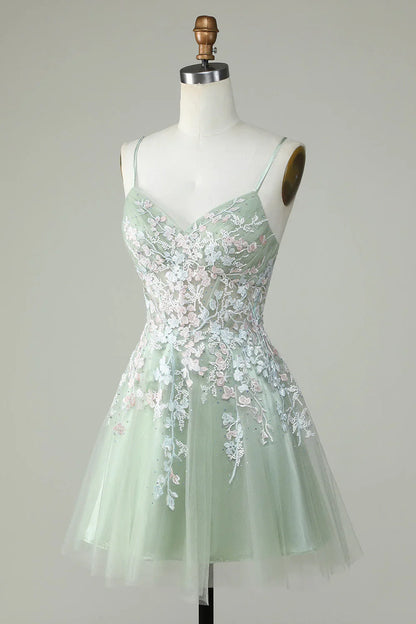 Gorgeous Light Green Appliqued Tulle Design A-line Spaghetti Strap Homecoming Dress TP3634