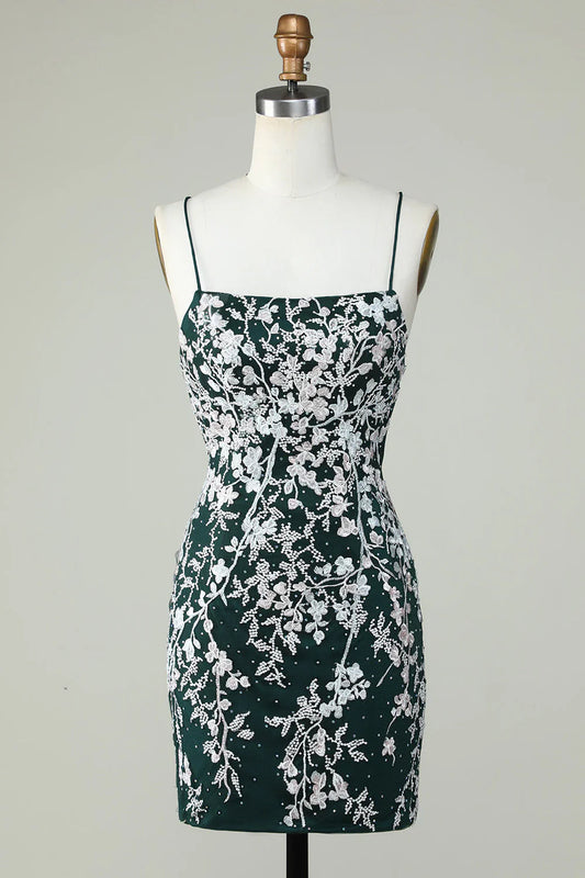 omberprom Homecoming Dress Dark Green Bodycon Spaghetti Straps With Appliques