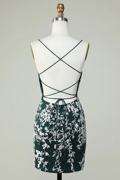 omberprom Homecoming Dress Dark Green Bodycon Spaghetti Straps With Appliques