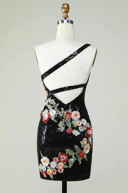 omberprom Homecoming Dress Bodycon One Shoulder Evening Dress Black Sequin Beading with 3d Flowers