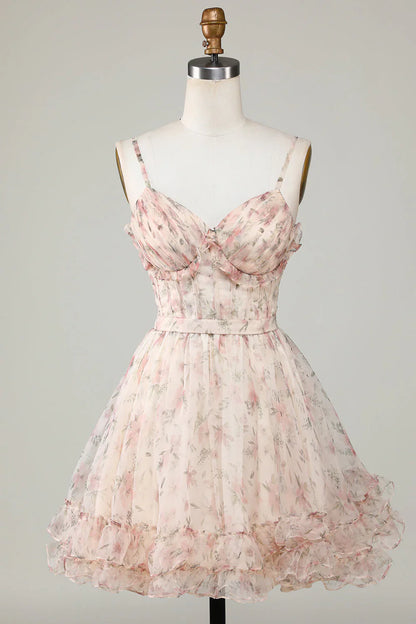 New Fashion Champagne Floral Design A-line Corset Spaghetti Strap Short Homecoming Dress TP3457