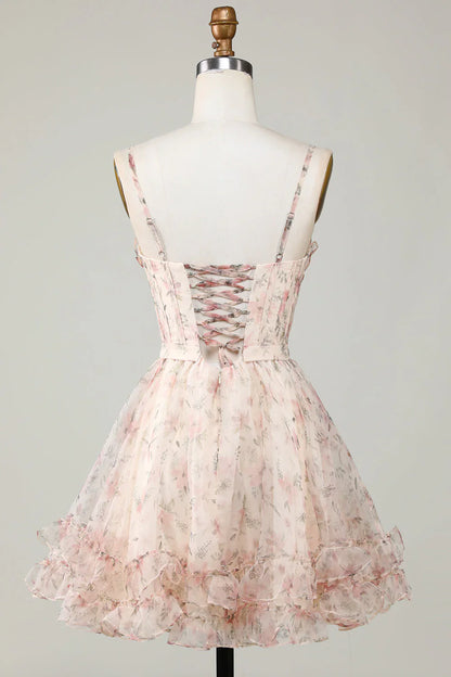 New Fashion Champagne Floral Design A-line Corset Spaghetti Strap Short Homecoming Dress TP3457