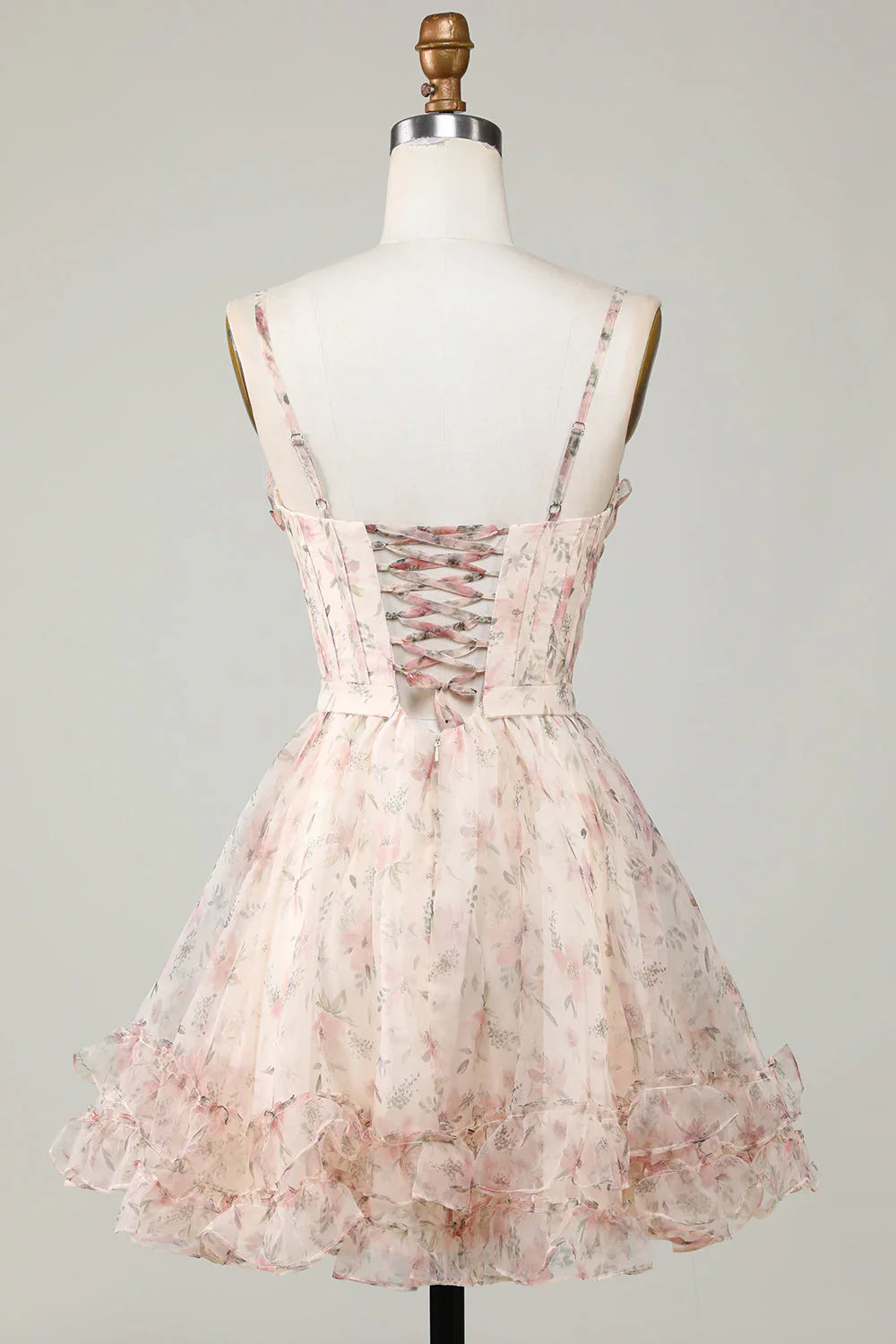 Charming Champagne Corset Floral Design A-line Spaghetti Strap Homecoming Dress TP3642