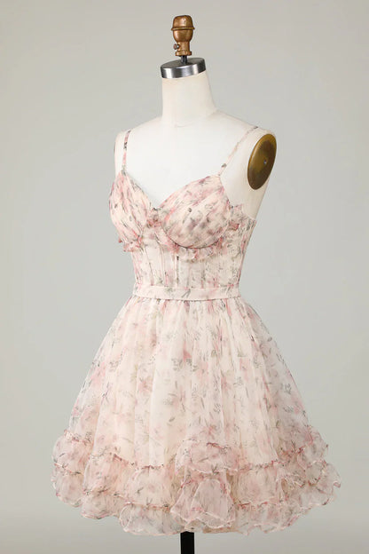 New Fashion Champagne Floral Design A-line Corset Spaghetti Strap Short Homecoming Dress TP3457