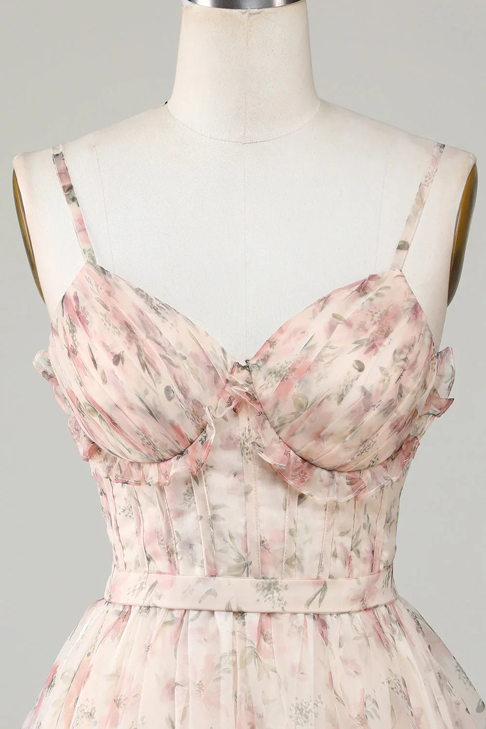 omberprom A-Line Short Homecoming Dress Corset Floral with Lace Up Back Champagne