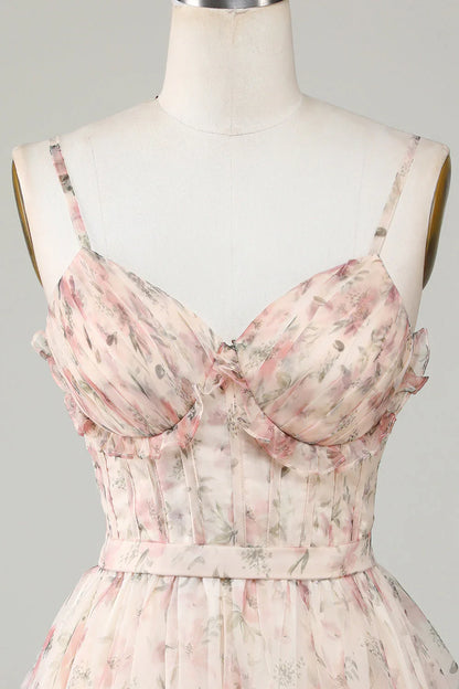omberprom A-Line Short Homecoming Dress Corset Floral with Lace Up Back Champagne