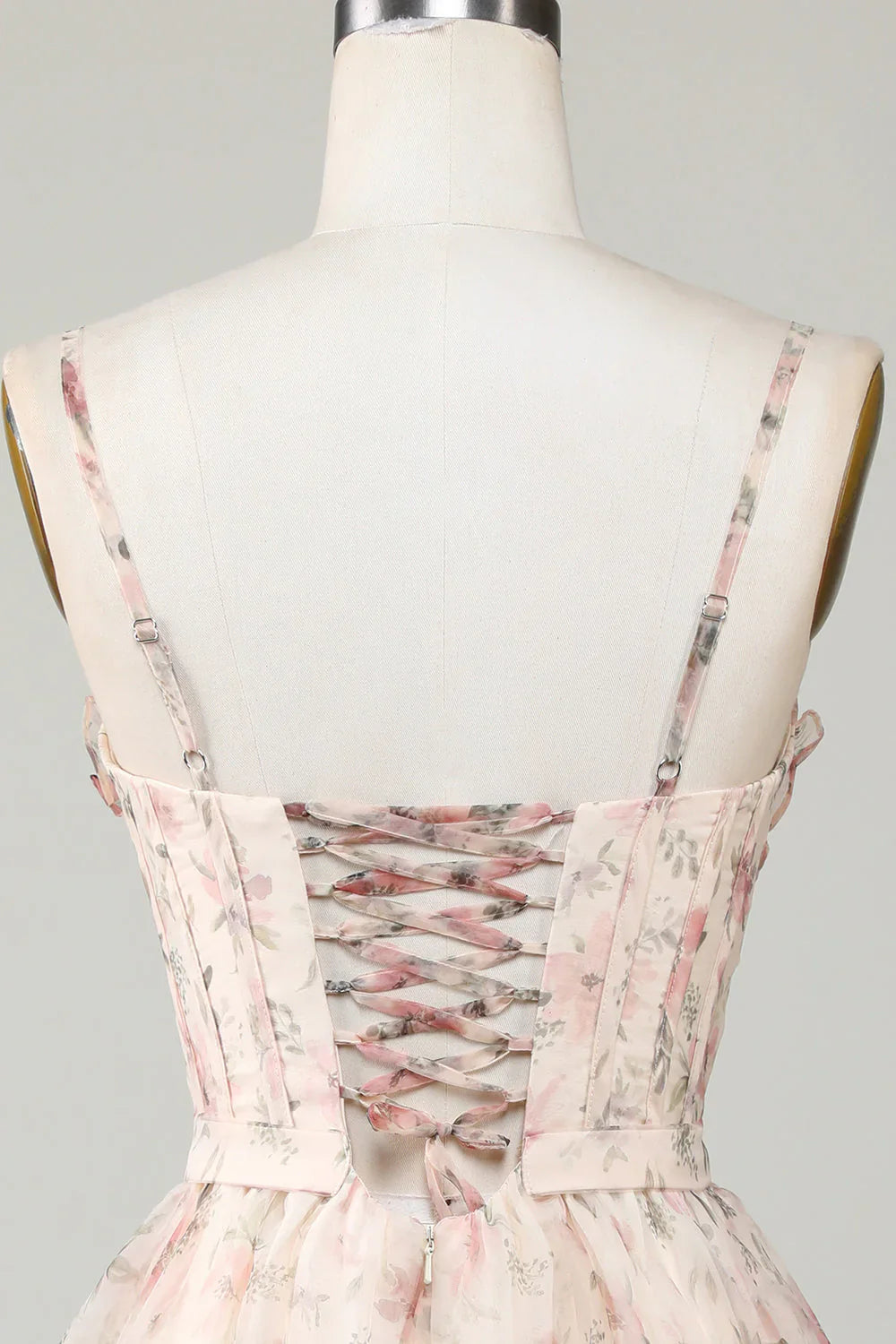 omberprom A-Line Short Homecoming Dress Corset Floral with Lace Up Back Champagne