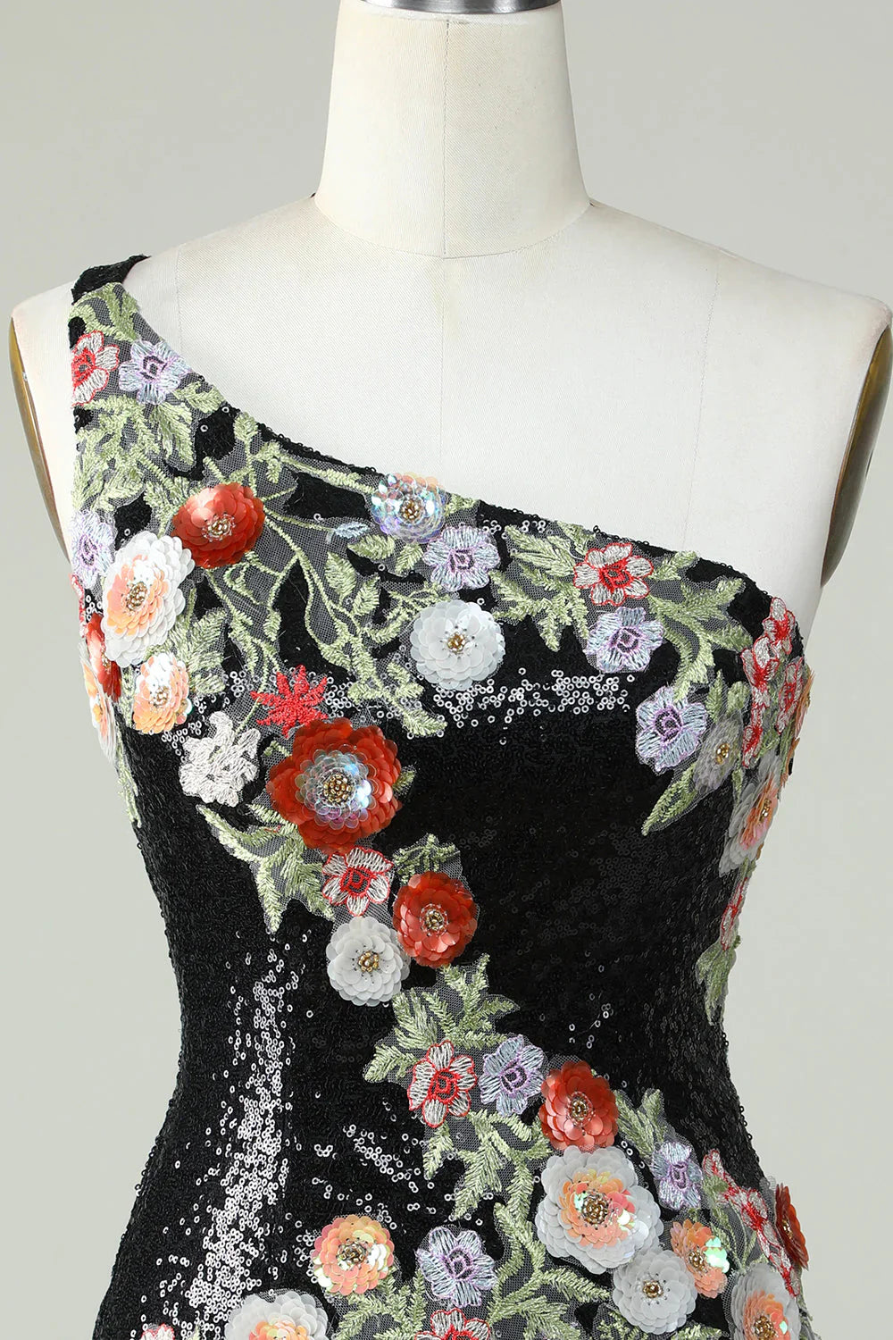 omberprom Homecoming Dress Bodycon One Shoulder Evening Dress Black Sequin Beading with 3d Flowers