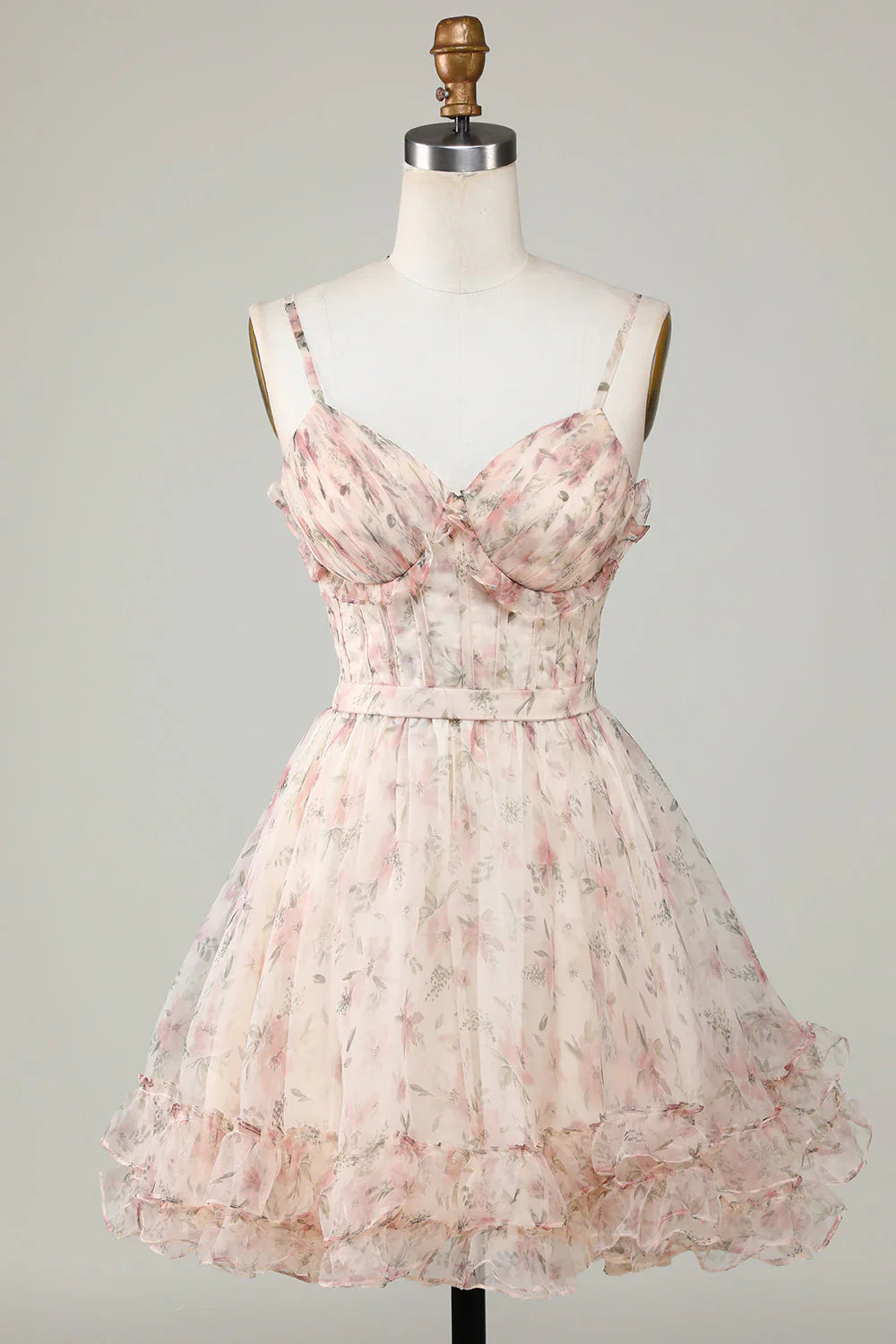 omberprom A-Line Short Homecoming Dress Corset Floral with Lace Up Back Champagne