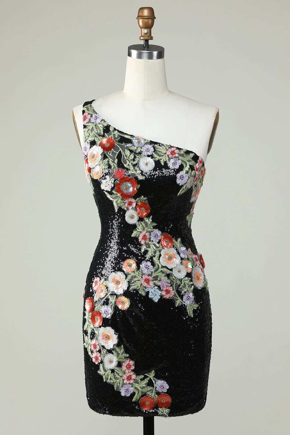 omberprom Homecoming Dress Bodycon One Shoulder Evening Dress Black Sequin Beading with 3d Flowers