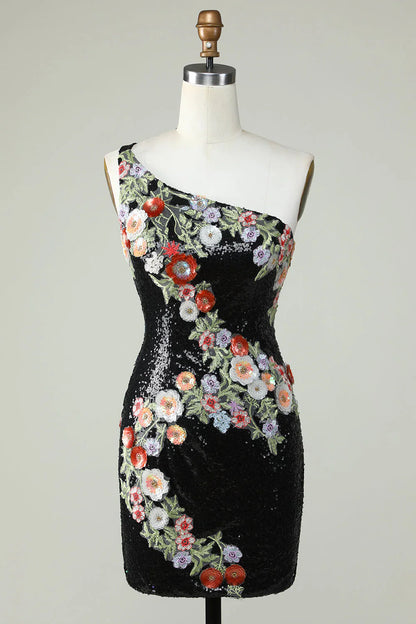omberprom Homecoming Dress Bodycon One Shoulder Evening Dress Black Sequin Beading with 3d Flowers