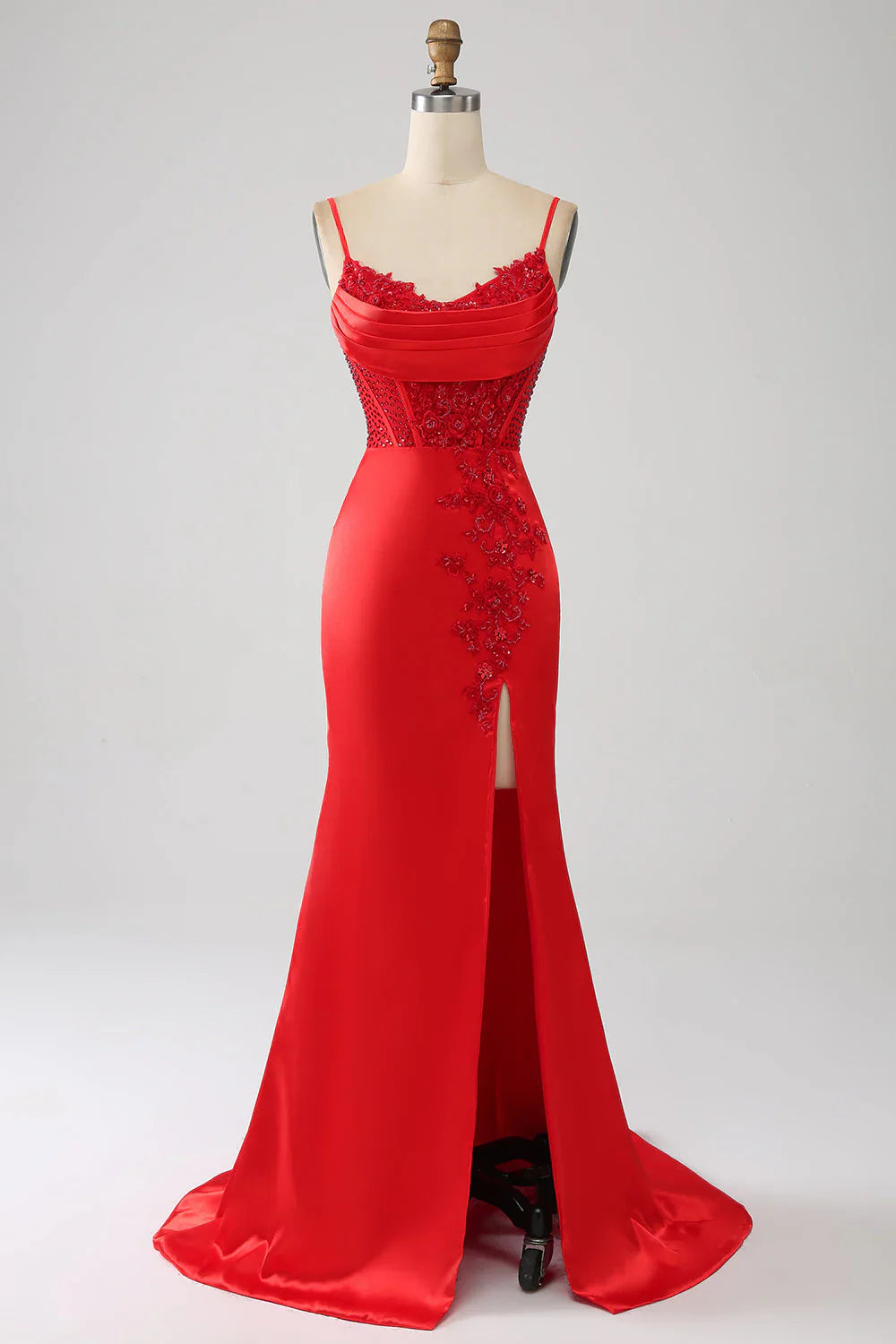 omberprom Red Mermaid Evening Dress Spaghetti Straps Satin Beaded Prom Dress with Slit