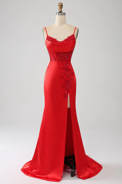 omberprom Red Mermaid Evening Dress Spaghetti Straps Satin Beaded Prom Dress with Slit