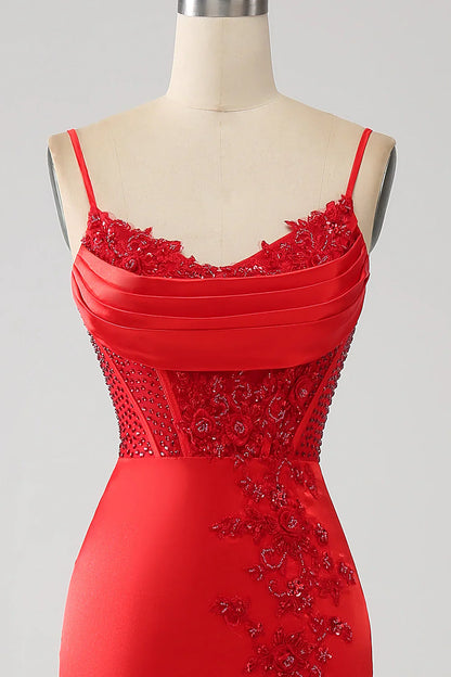 omberprom Red Mermaid Evening Dress Spaghetti Straps Satin Beaded Prom Dress with Slit