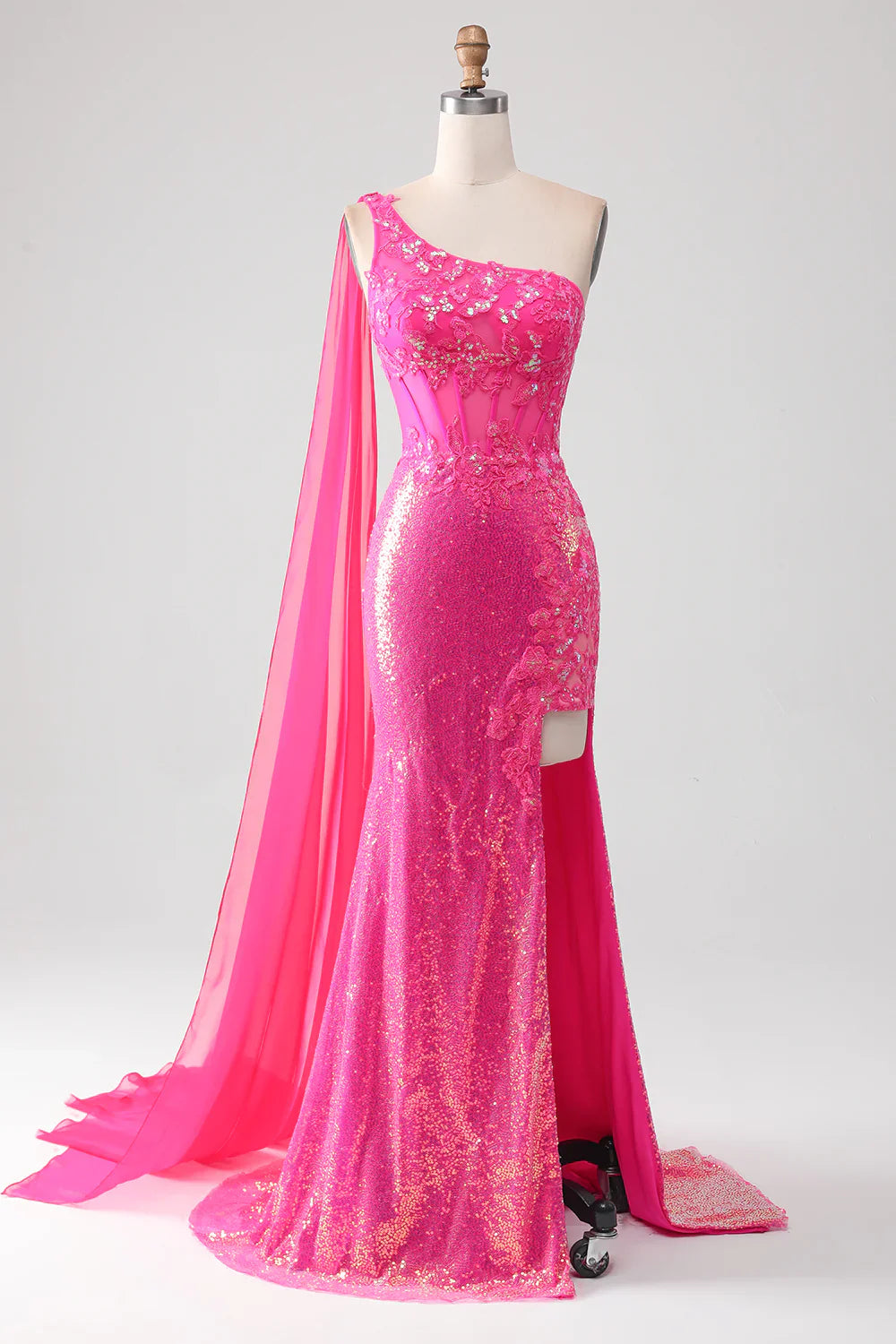 omberprom Mermaid One Shoulder Sparkly Corset Prom Dress Fuchsia With Slit