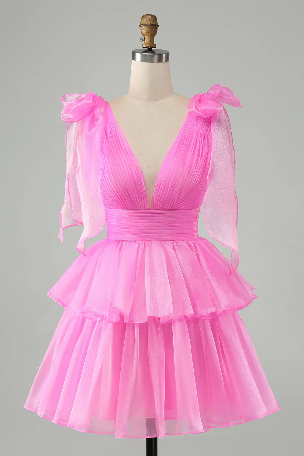 omberprom Short Cute Homecoming Dress Hot Pink A Line V Neck Backless Pleated Tiered