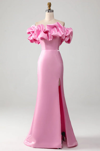 omberprom Mermaid Evening Dress Strapless Meringue Ruffles Prom Dress With Slit Pink