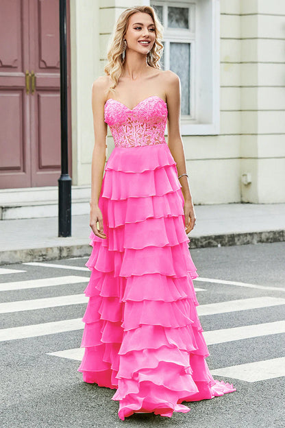 omberprom A Line Sweetheart Corset Yellow Layered Long Prom Dress with Appliques Ruffles Gorgeous