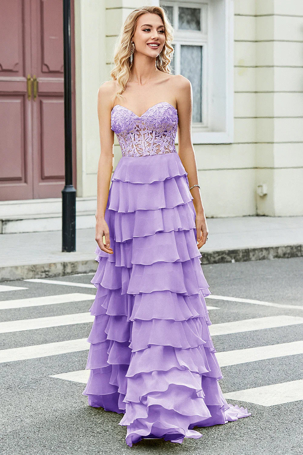 omberprom A Line Sweetheart Corset Yellow Layered Long Prom Dress with Appliques Ruffles Gorgeous