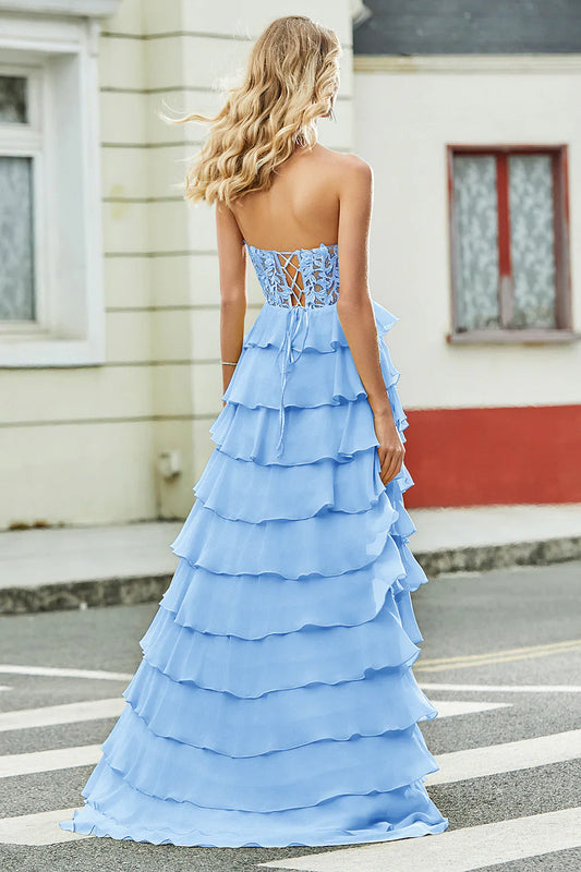 omberprom A Line Sweetheart Corset Yellow Layered Long Prom Dress with Appliques Ruffles Gorgeous