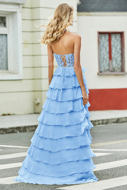 omberprom A Line Sweetheart Corset Yellow Layered Long Prom Dress with Appliques Ruffles Gorgeous