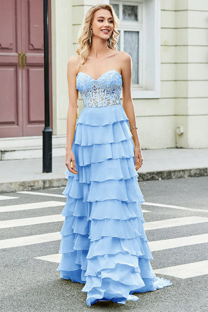 omberprom A Line Sweetheart Corset Yellow Layered Long Prom Dress with Appliques Ruffles Gorgeous