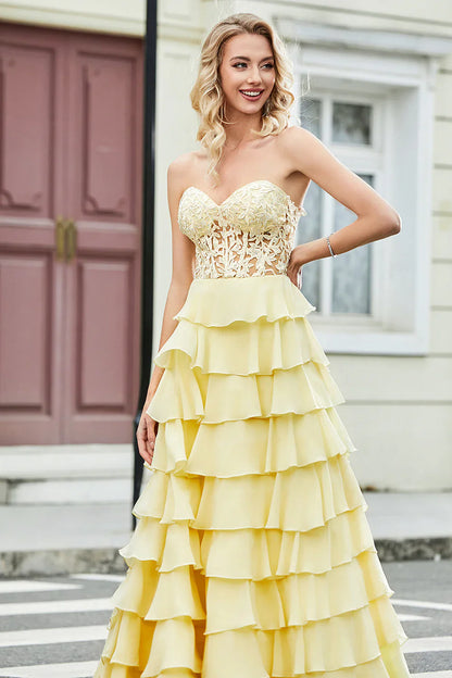 omberprom A Line Sweetheart Corset Yellow Layered Long Prom Dress with Appliques Ruffles Gorgeous